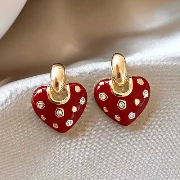 Fashion Rhinestone Red love Heart Earring Gold Plated Small Enamel Heart Earring - Picture 6 of 13